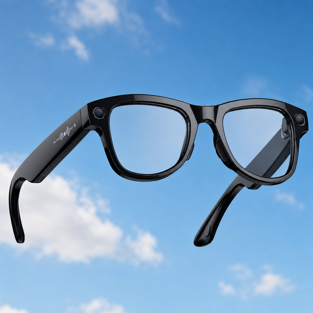 PeTech AI Smart Glasses V4 floating against a blue sky